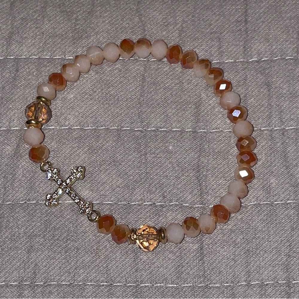 Rhinestone Cross Stretch Bracelet in Peach and Cream